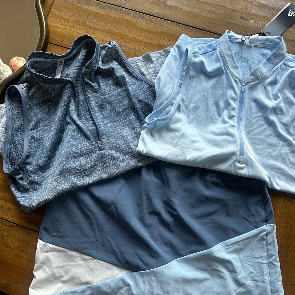 Adidas Blue and Gray Golf Skirt and Two matching 1/4 zip tanks